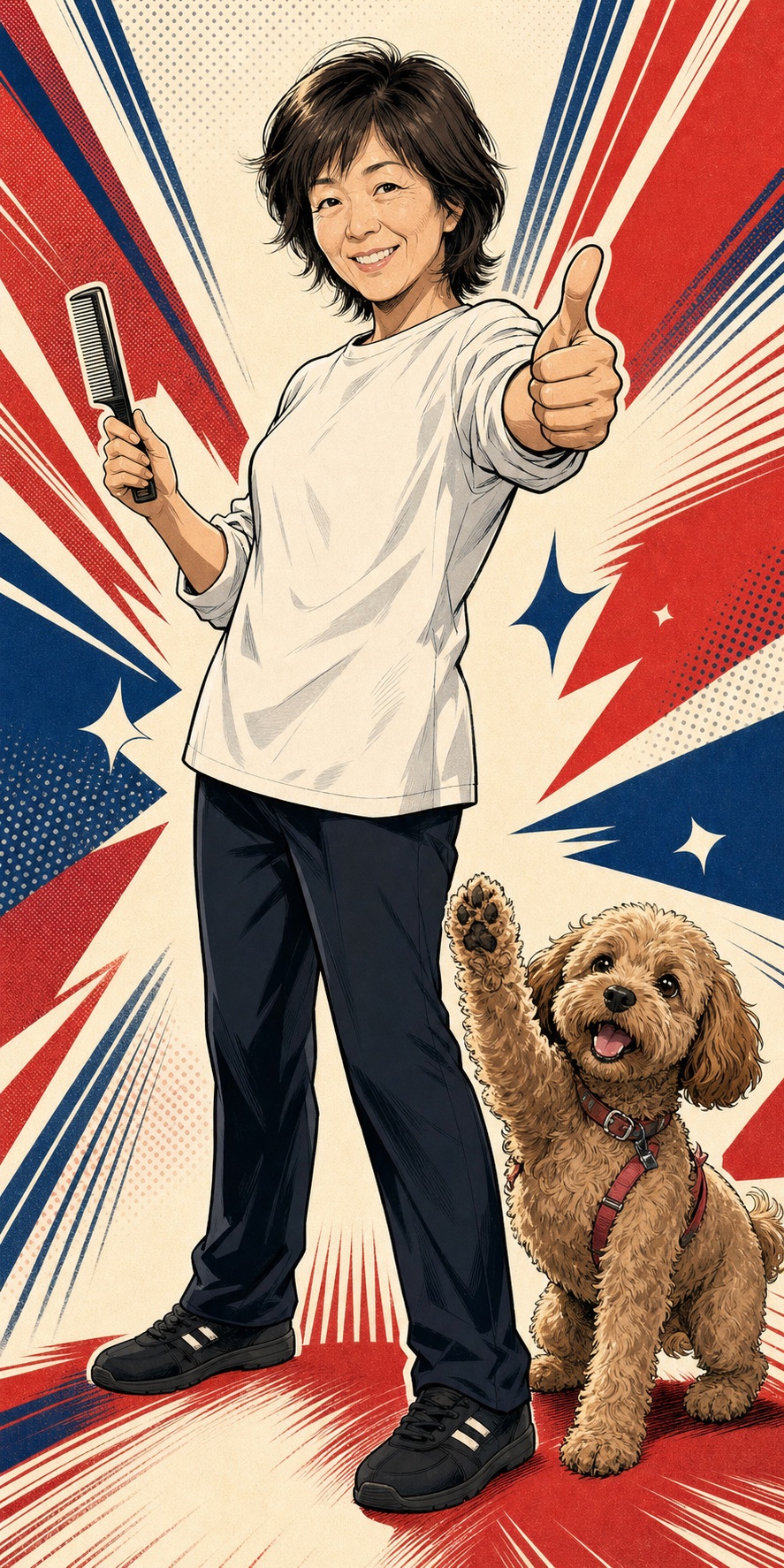 親指を立てる女性店主と手を振る看板犬のコミック風イラスト